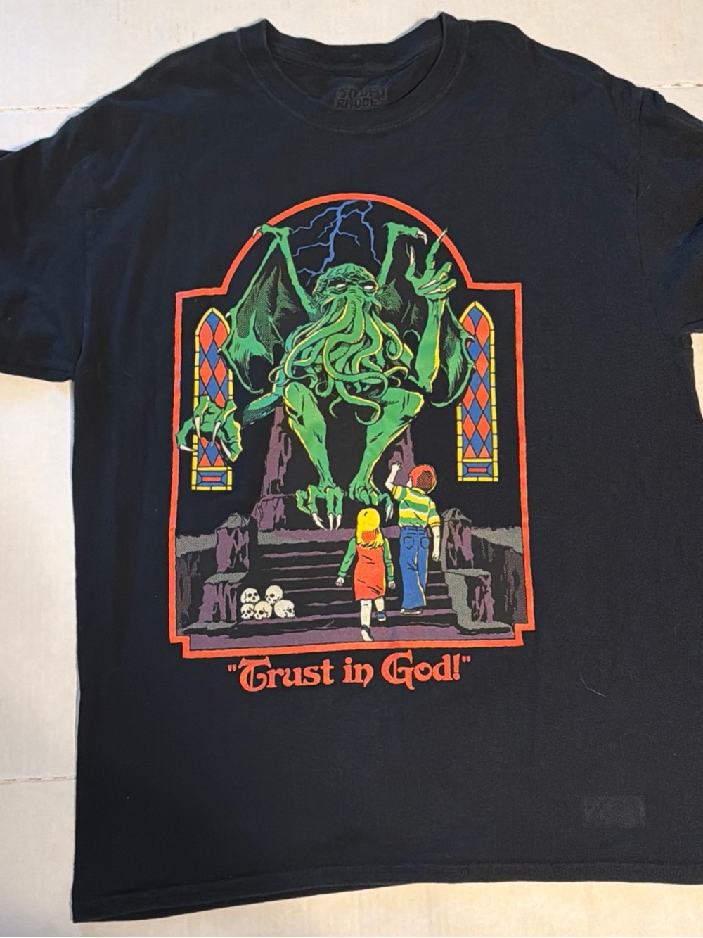 Steven Rhodes "Trust In God" Black T-shirt Cthulu Lovecraft Mythos Men's Large